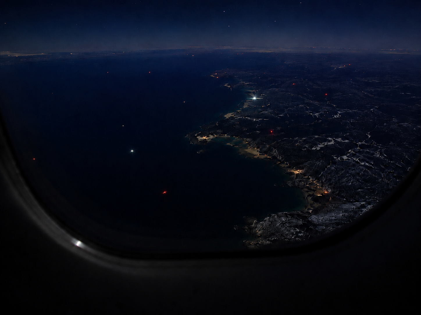 Aerial night view of the North Atlantic field array in 1978